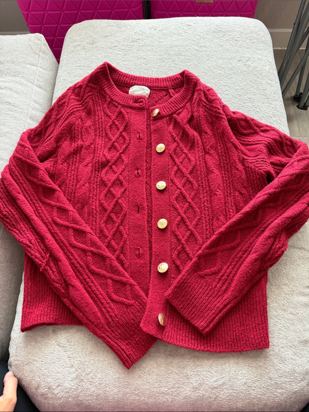 Classic Cable-Knit Red Women’s Cardigan Sweater